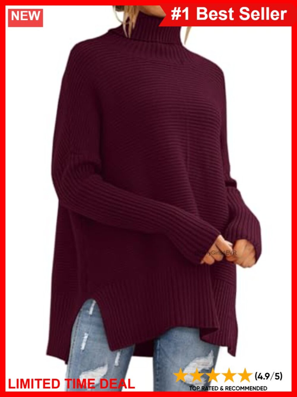 Womens Oversized Turtleneck Batwing Sleeve Chunky Knit Pullover Sweater